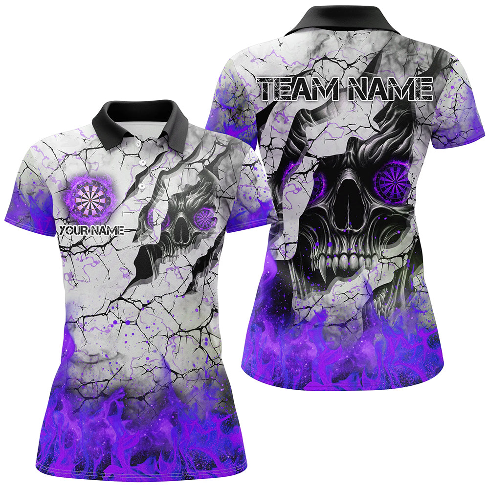 Individuelles Skull Crack Dart Poloshirt für Damen, Feuerflammen Dart Trikot Team Uniform Lila TDM2973