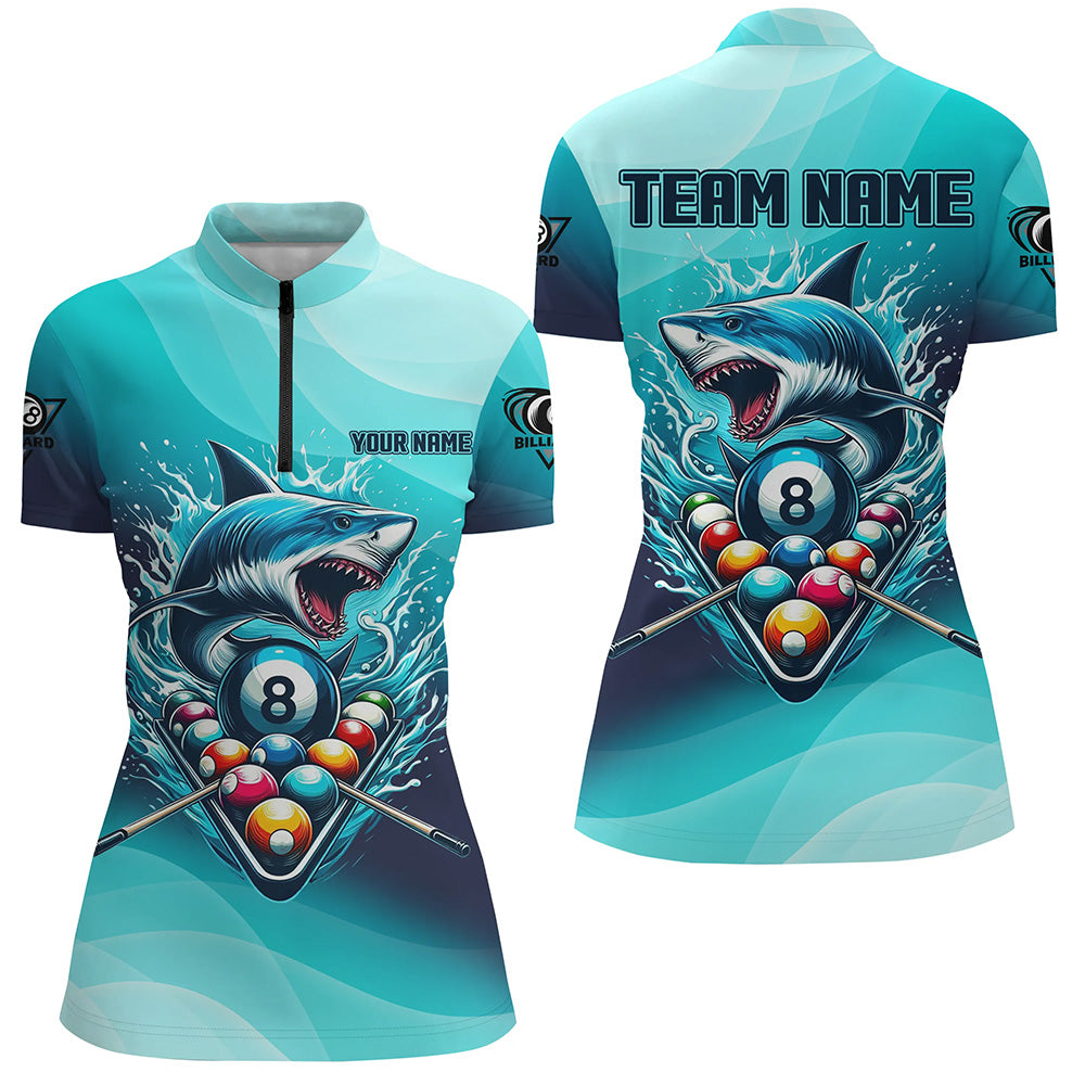 Blaues Poolkugel-Hai Quarter-Zip Shirt für Damen, maßgeschneidertes Teamliga-Billard-Trikot TDM2969