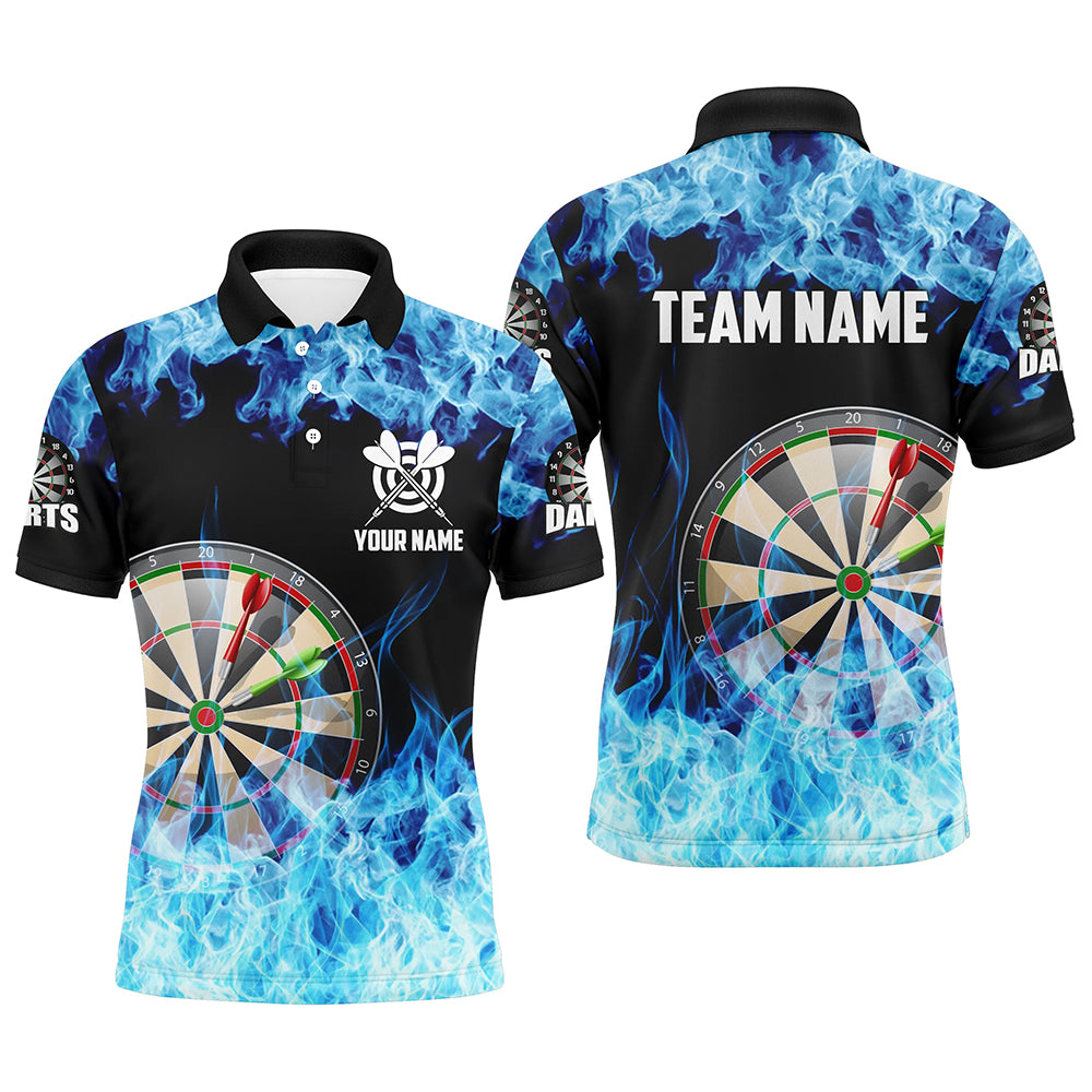 Individuelles Blaues Feuer Flamme Dartboard Herren Poloshirt, Dart Shirts Für Team Dart Trikot TDM1227