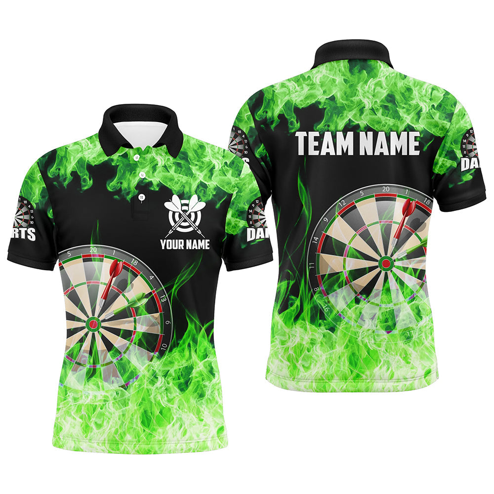 Individuelles Grünes Feuer Flamme Dartboard Herren Poloshirt, Dart Shirts Für Team Dart Trikot TDM1228