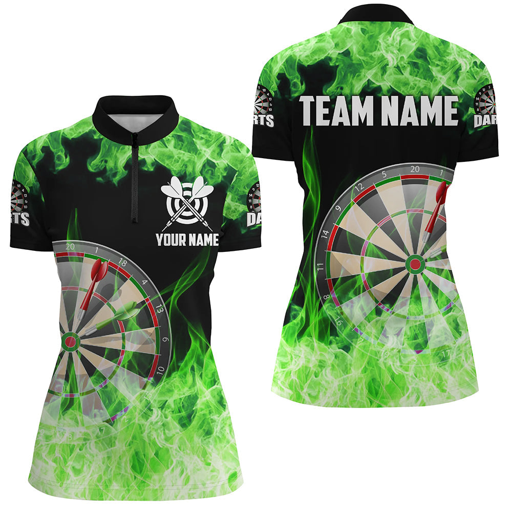 Individuelles Grün Feuer Flamme Dartboard Damen Quarter Zip Shirt, Dart Shirts Für Team Dart Trikot TDM1228