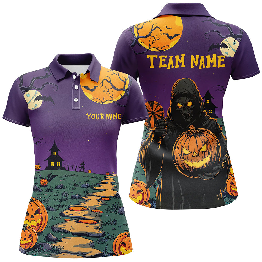 Individuelles Lila Halloween Spuk Nacht Dart Poloshirt für Damen, Gruseliges Skelett Dart Outfit TDM2738