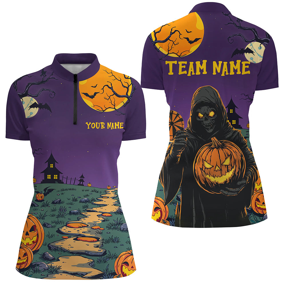 Individuelles Lila Halloween Spuk Nacht Dart Damen Quarter Zip Shirt, Gruseliges Skelett Dart Outfit TDM2738