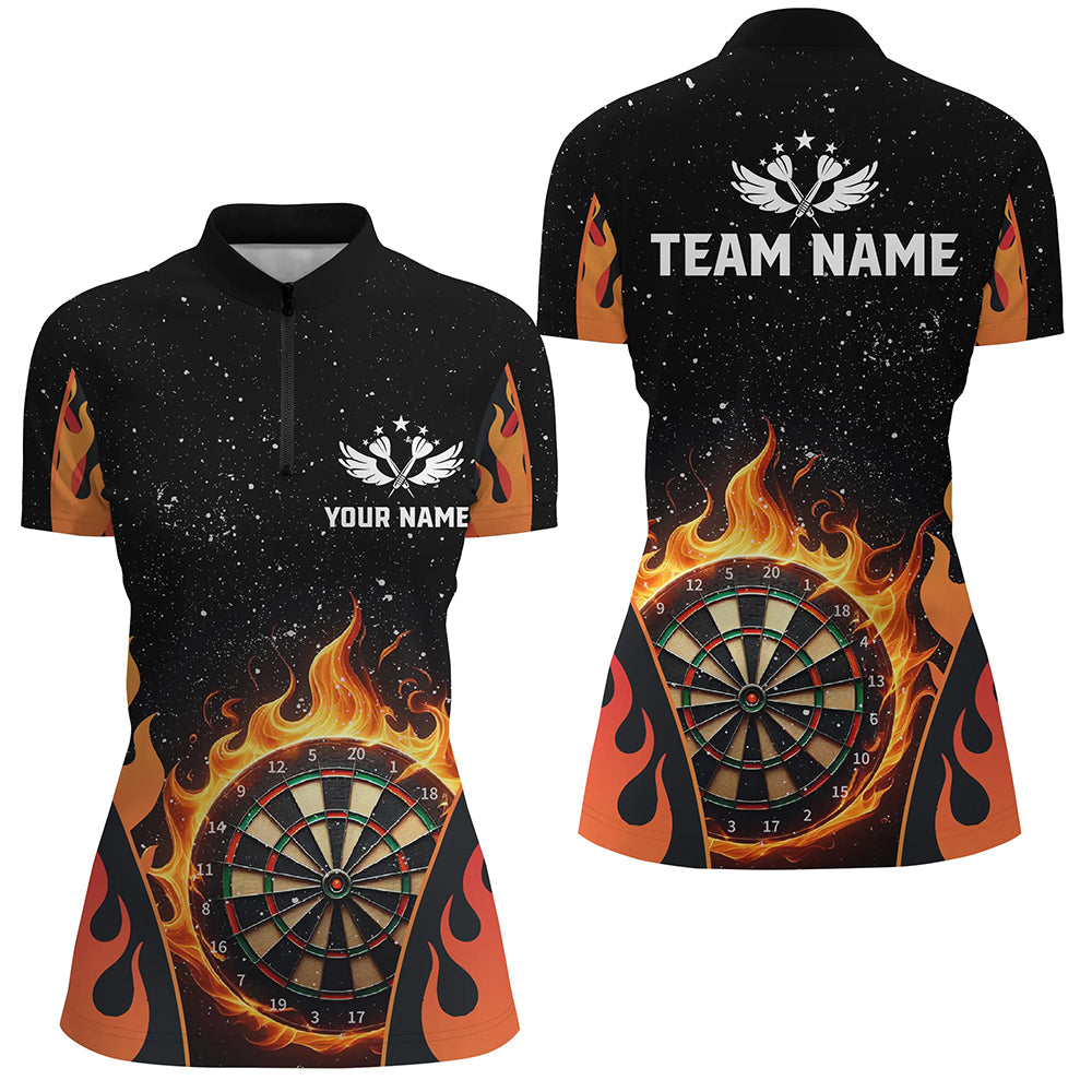 Individuelles oranges Dart Flaming Dart Quarter Zip Shirt für Damen, Dart Team Liga Shirt TDM1455