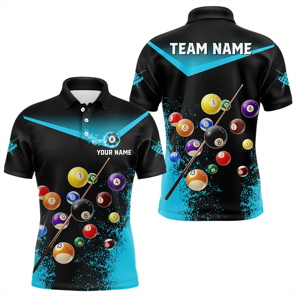 Grunge Blau-Schwarz 3D-Poolkugeln Poloshirt für Herren, individuelles Billard-Teamtrikot TDM3440