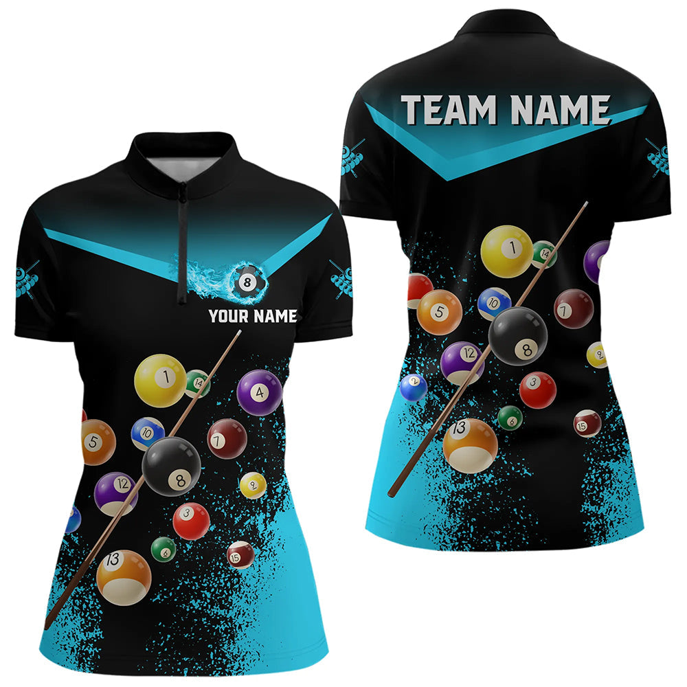 Grunge Blau Schwarz 3D-Poolkugeln Quarter-Zip Shirt für Damen, maßgeschneidertes Billard-Team-Trikot TDM3440