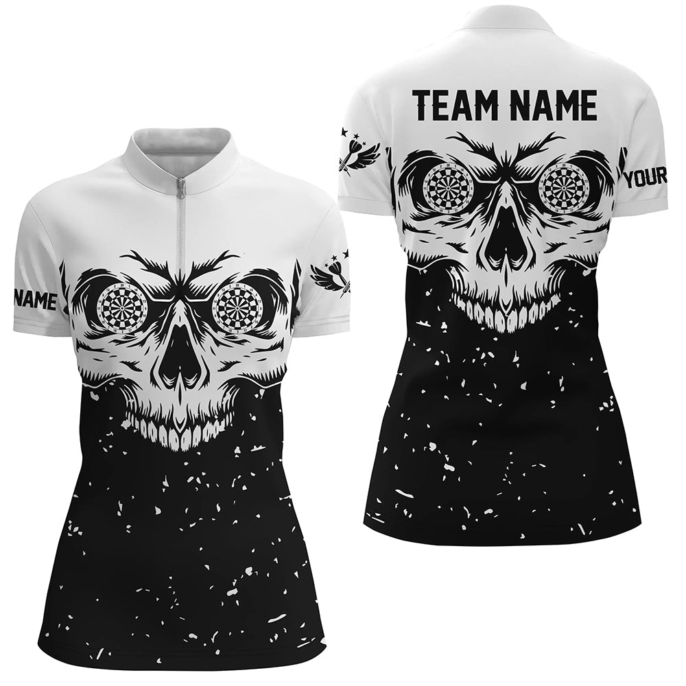 Individuelles Grunge schwarzes weißes Skull Dart Quarter Zip Shirt für Damen, Dart Team Liga Trikots TDM1470