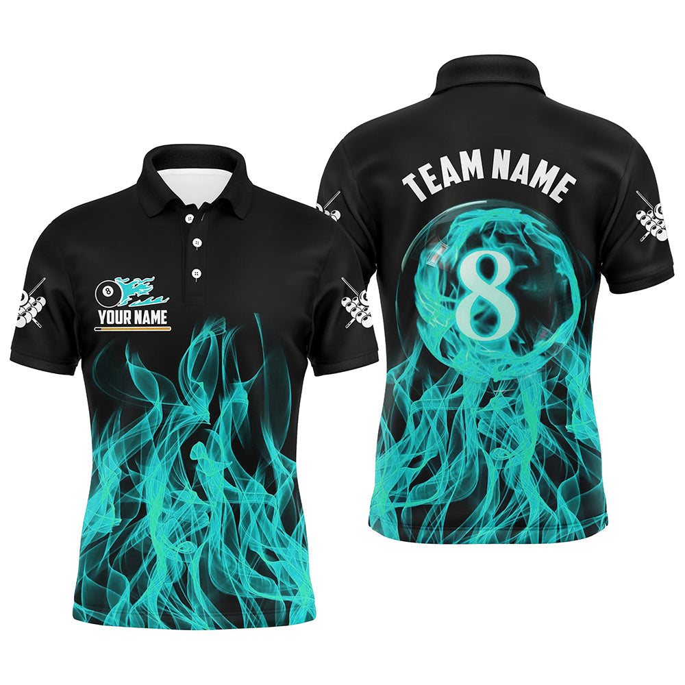 3D Türkises flammendes 8-Ball-Pool Poloshirt für Herren, individuelles Poolspieler-Trikot TDM2772