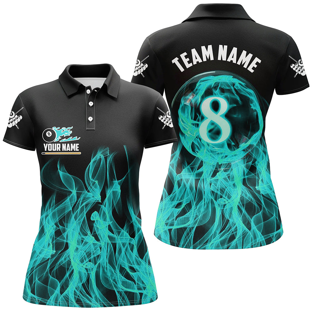 3D Türkis flammendes 8-Ball-Pool-Poloshirt für Damen, individuelles Poolspielerinnen-Trikot TDM2772