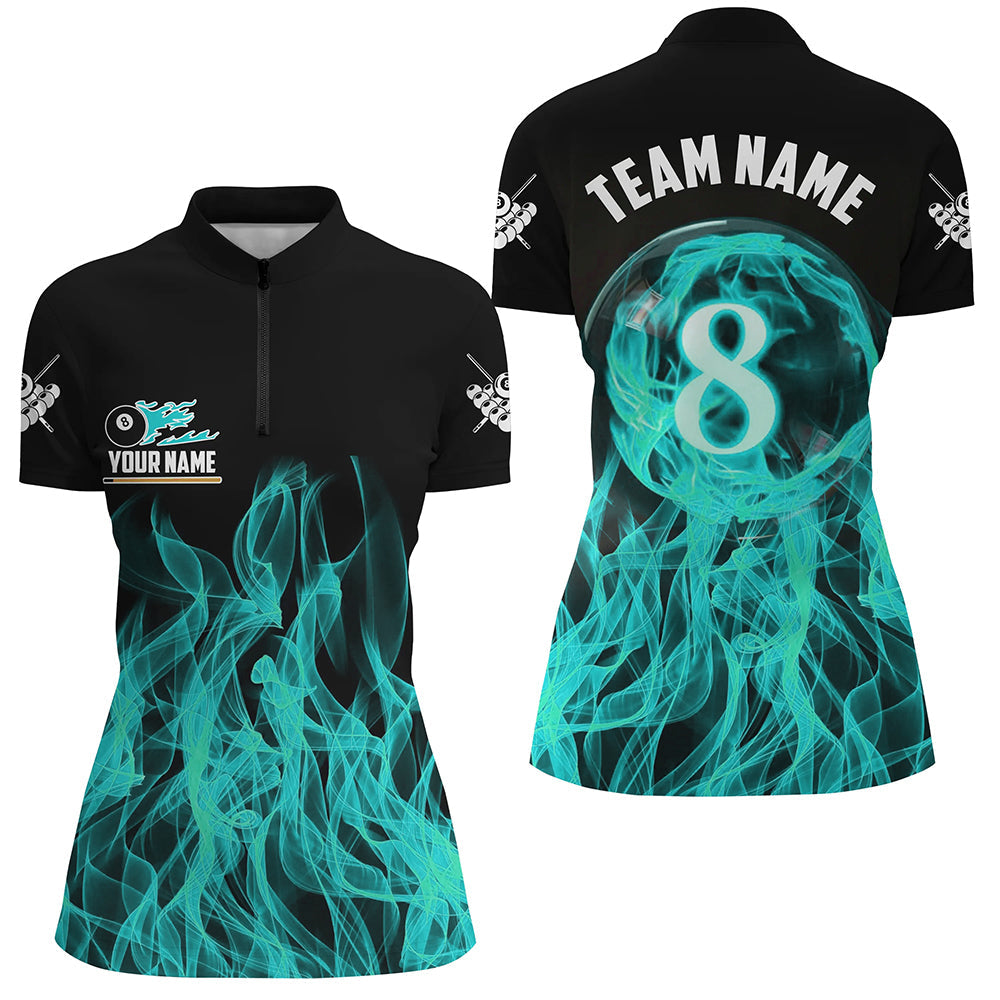 3D Türkis Flammendes 8-Ball-Pool Quarter-Zip Shirt für Damen, maßgeschneidertes Poolspieler-Trikot TDM2772