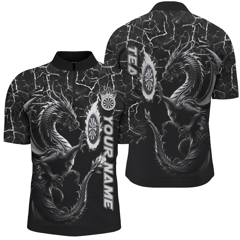 Individuelles Schwarz Weiß Großes Drachen Dart Herren Shirt mit Viertelreißverschluss, Team Liga Dart Trikot TDM3007