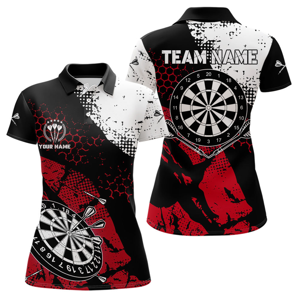 Individuelles Retro Schwarz-Rotes Grunge-Muster Darts-Poloshirt für Damen, Dart-Trikot-Team TDM3594