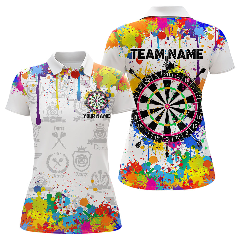 Lustige Dartbrett Bunte Spritzer Individuelle Dart-Poloshirts für Damen, Weiße Team Dart-Trikots TDM3755