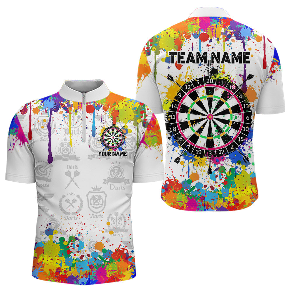 Lustige Dartboard Bunte Spritzer Individuelles Dart Viertelreißverschluss Shirts Herren, Weiße Team Dart Trikots TDM3755