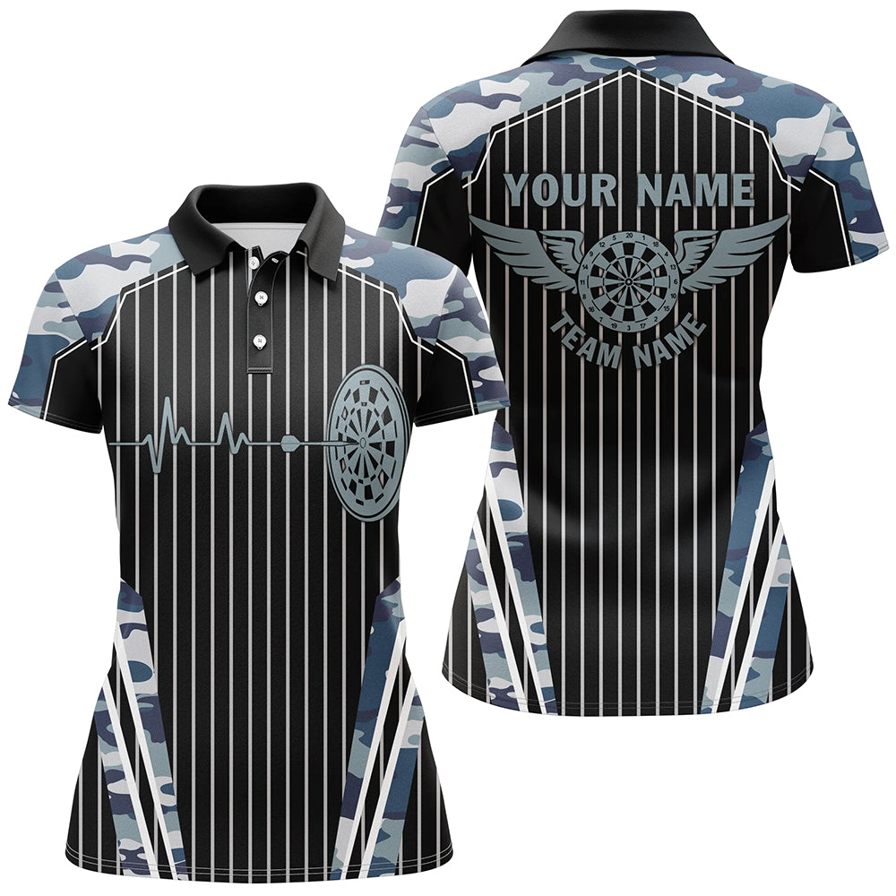 Individuelles Blaues Camo Dartboard Puls Herzschlag Dart Poloshirt für Damen, Lustiges Dart Trikot TDM2788