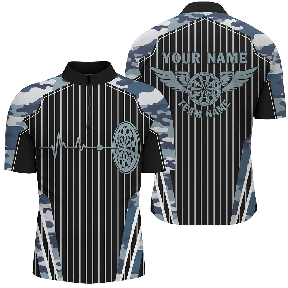 Individuelles Blau Camo Dartboard Pulse Heartbeat Dart Herren Shirt mit Viertelreißverschluss, Lustiges Dart Trikot TDM2788