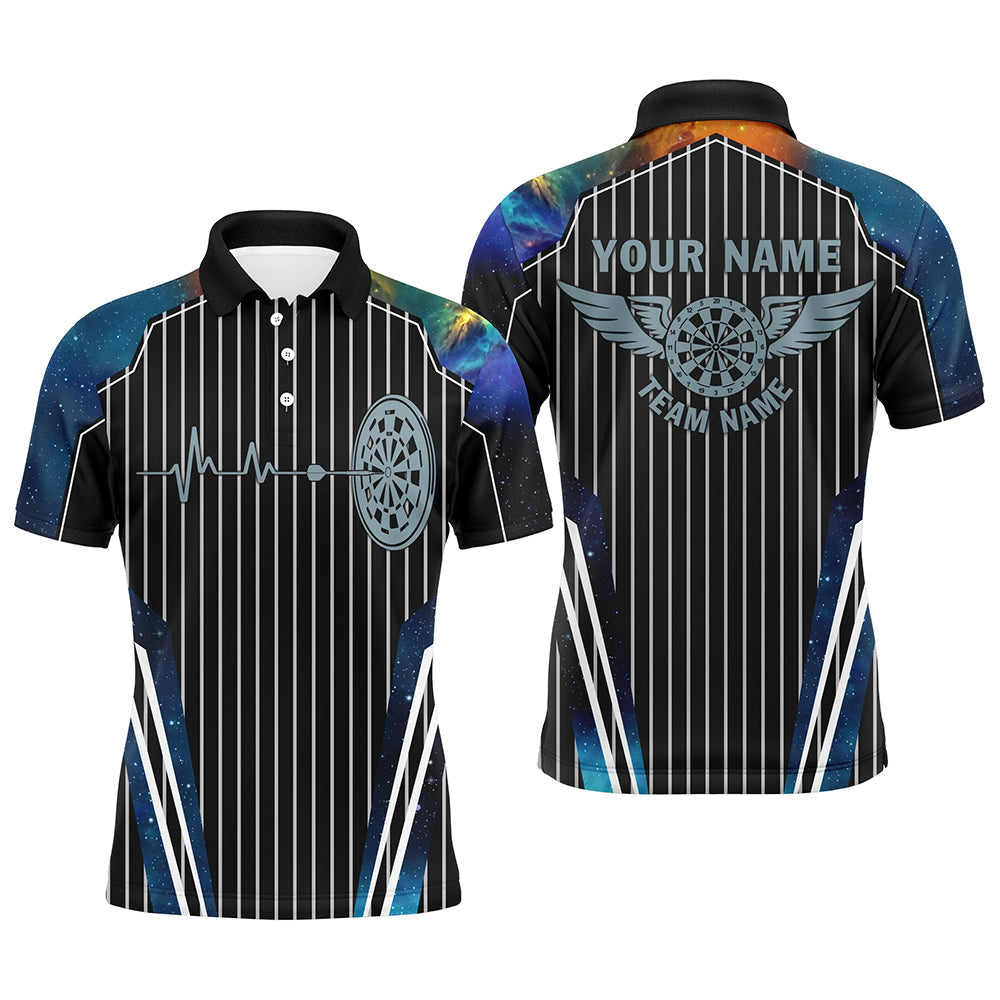 Individuelles Blaues Galaxie-Dartbrett-Puls-Herzschlag-Dart-Poloshirt für Herren, Lustiges Darttrikot TDM2789