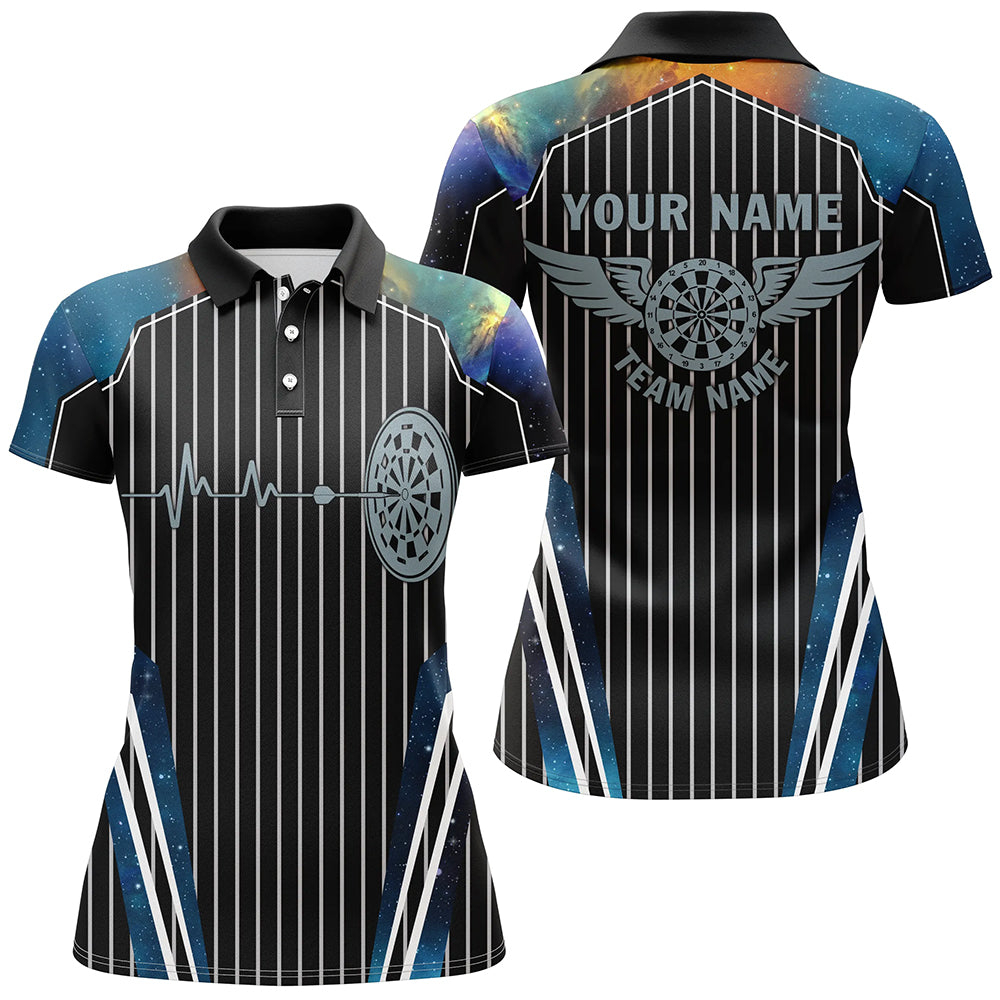Individuelles Blaues Galaxy Dartboard Puls Herzschlag Dart Poloshirt für Damen, Lustiges Dart Trikot TDM2789