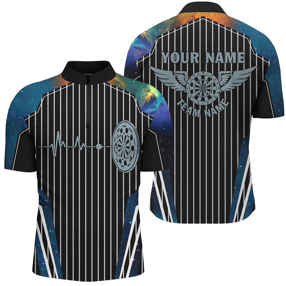 Individuelles Blaue Galaxy Dartboard Pulse Heartbeat Dart Herren Shirt mit Viertelreißverschluss, Lustiges Dart Trikot TDM2789