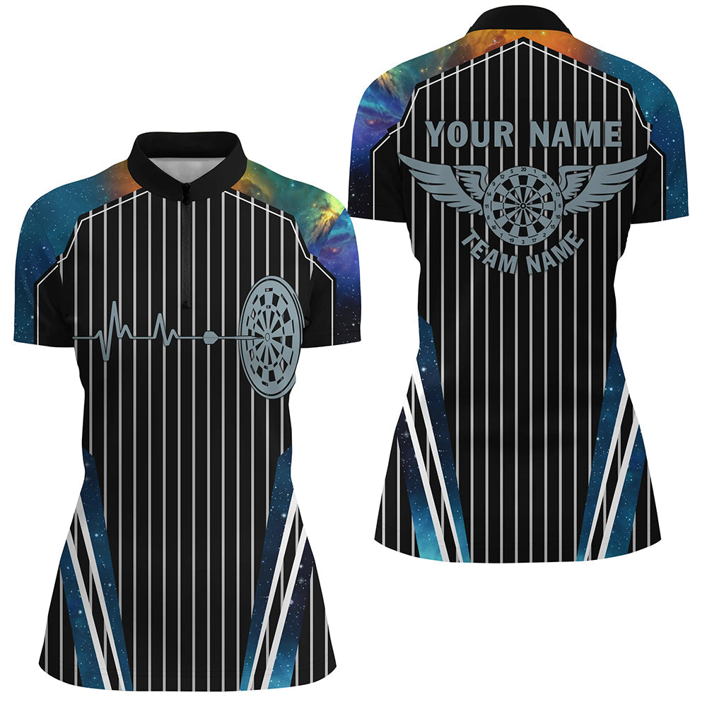 Individuelles Blaues Galaxy Dartboard Puls Herzschlag Dart Damen Quarter Zip Shirt, Lustiges Dart Trikot TDM2789
