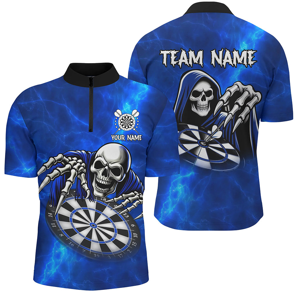 Individuelles Blaues Todesskelett Dart Herren Shirt mit Viertelreißverschluss, Skull Dart Trikot TDM3018