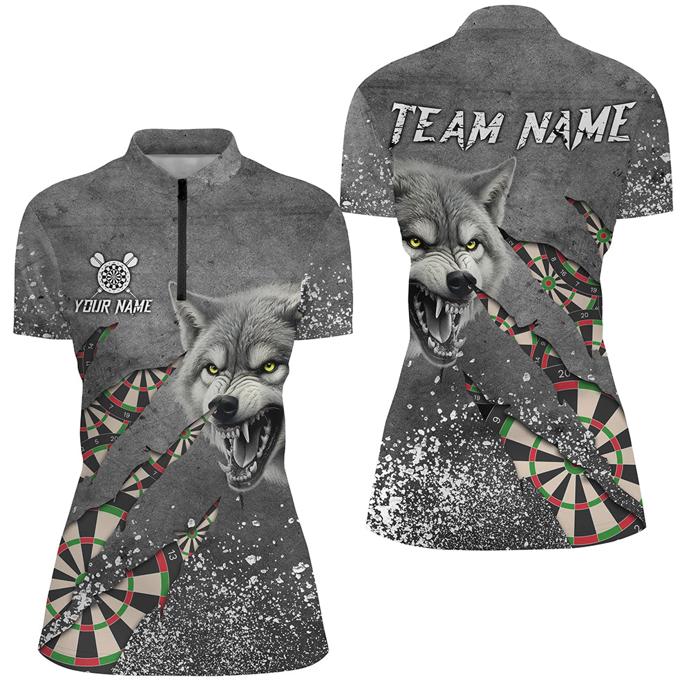 Personalisierte Grau Grunge Wolf Dartshirts für Damen, Dartliga-Teamshirts TDM3317