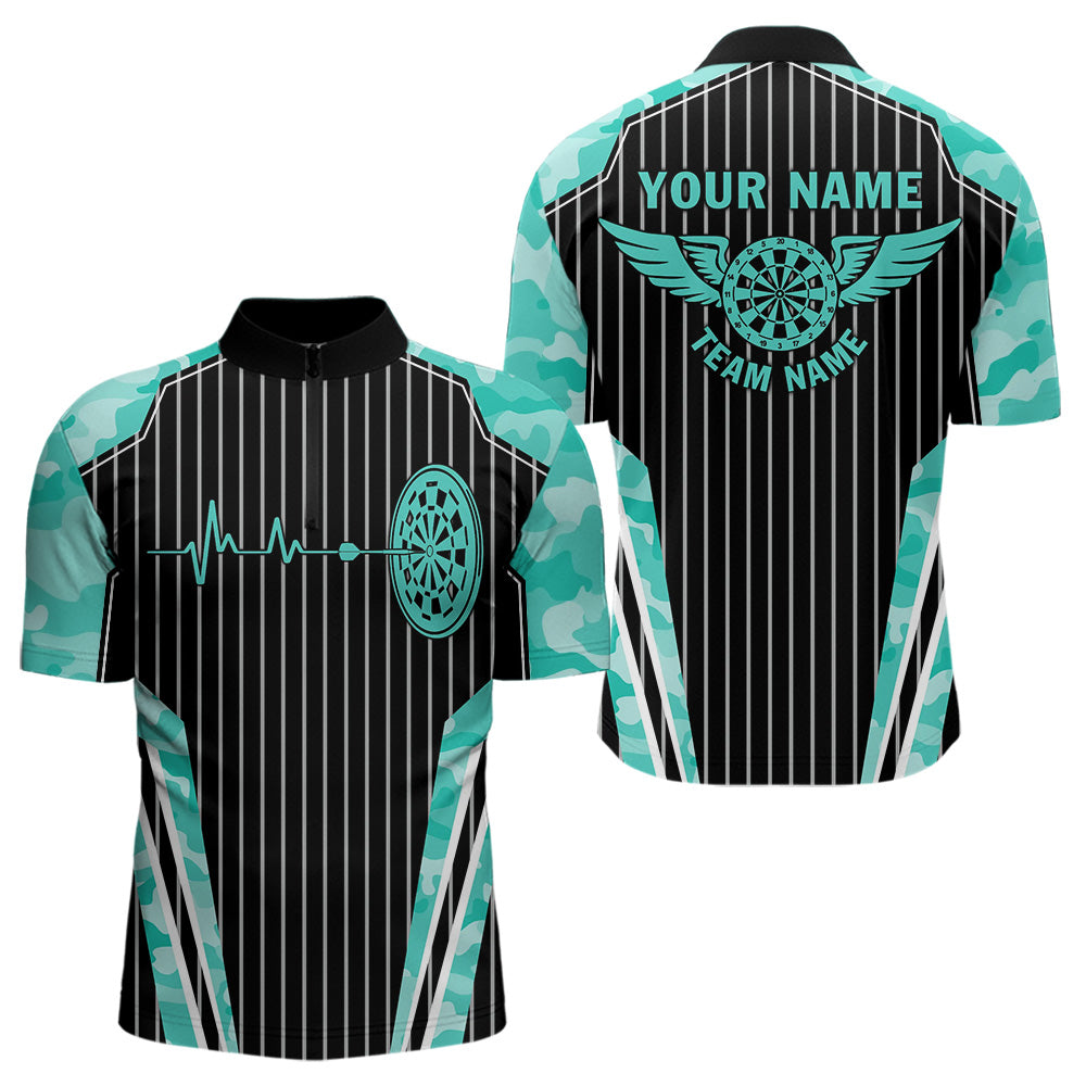 Individuelles Türkis Camo Dartboard Puls Herzschlag Viertelreißverschluss Herren Shirt, Lustige Wings Dart Trikot TDM3618