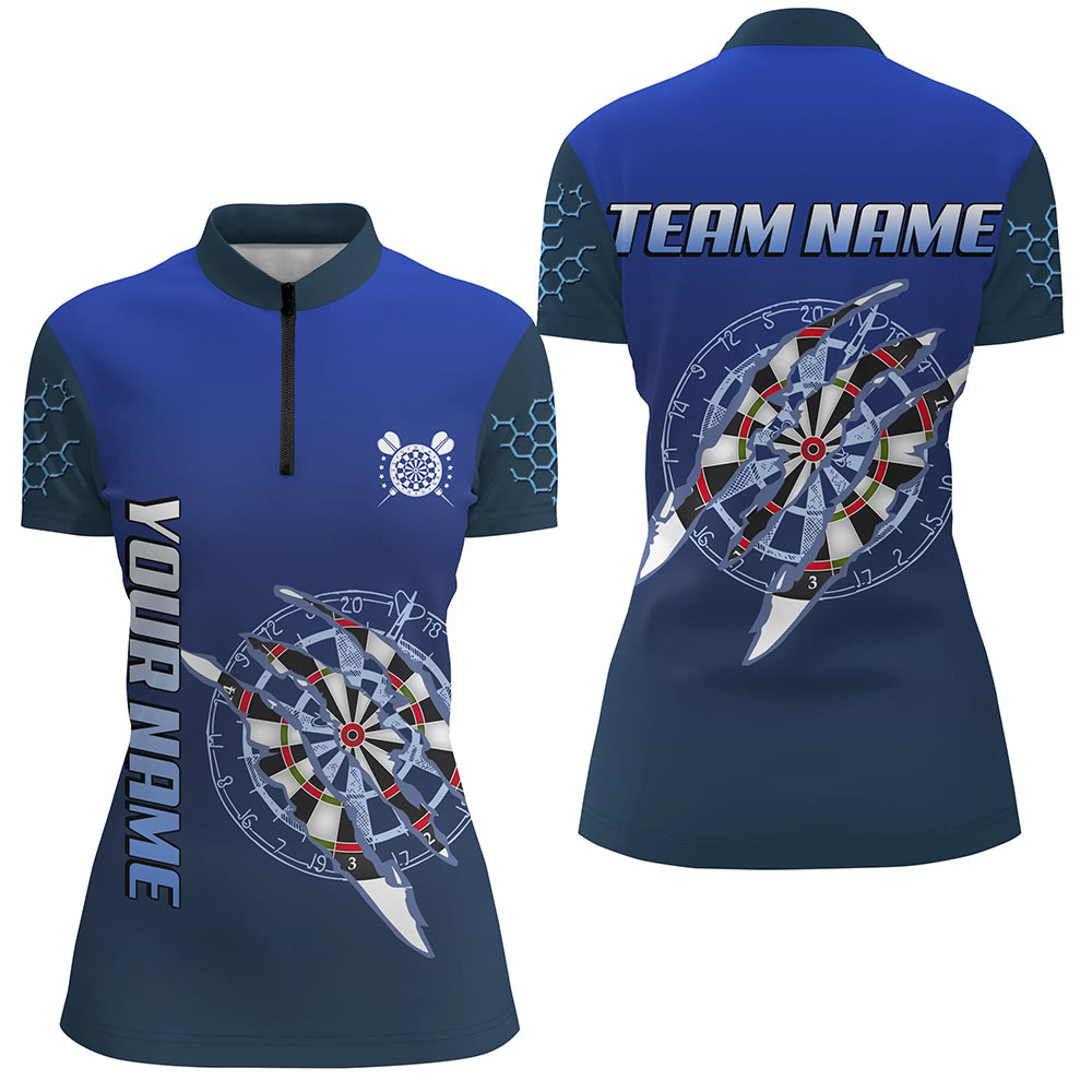 Blaues Darts Turnier Damen Quarter Zip Shirt, Individuelles Dartshirt, Dart Team Trikots TDM3301