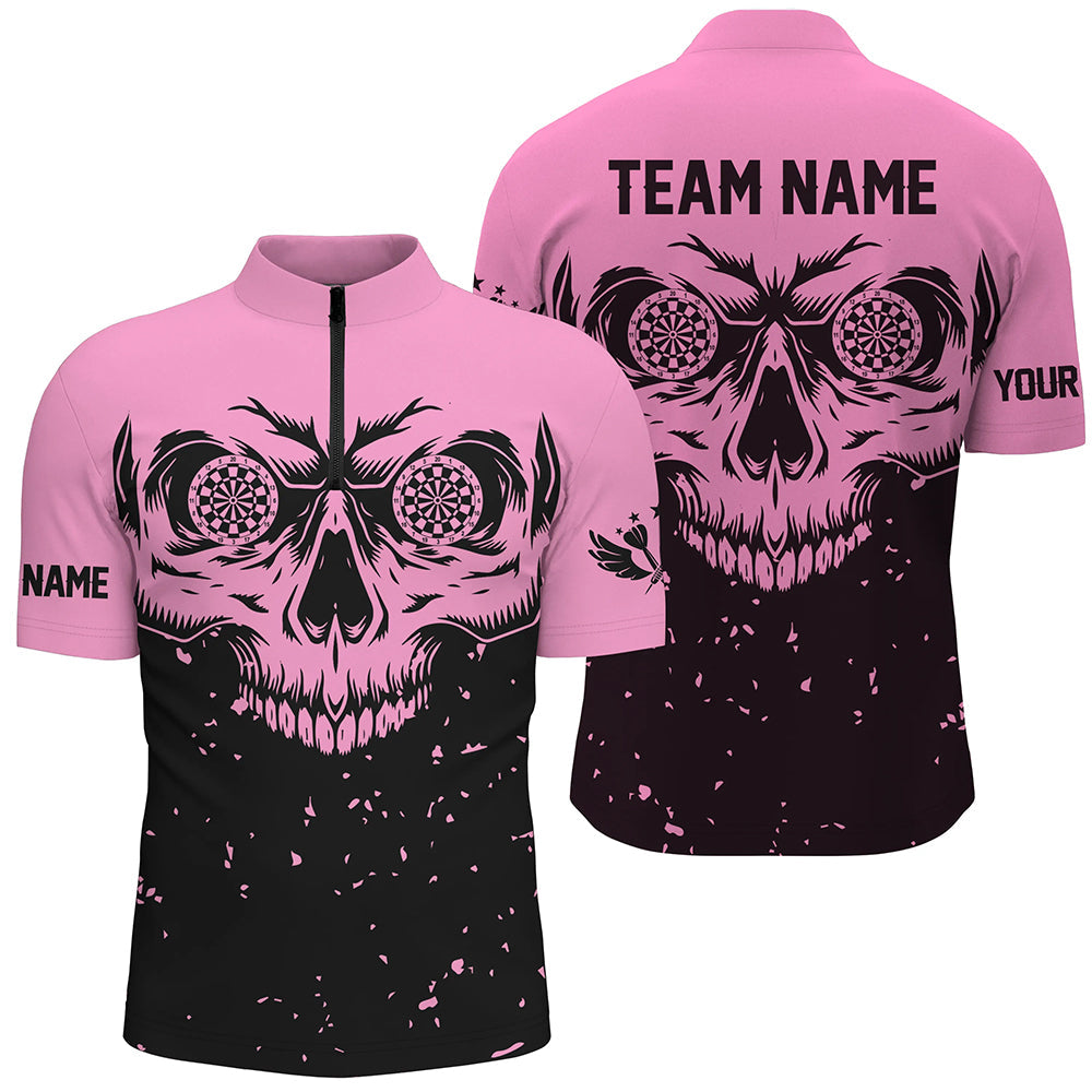 Grunge Pink Schwarzes Totenschädel Herren Shirt mit Viertelreißverschluss, Dart Team Liga Trikot TDM1887