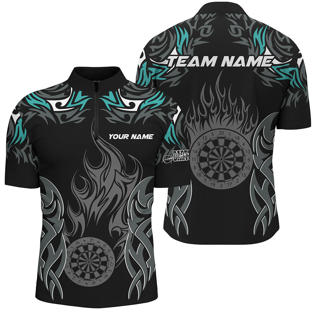 Darts Turnier Türkis Herren Shirt mit Viertelreißverschluss, Dartboard Feuerflamme Dart Trikot TDM2102