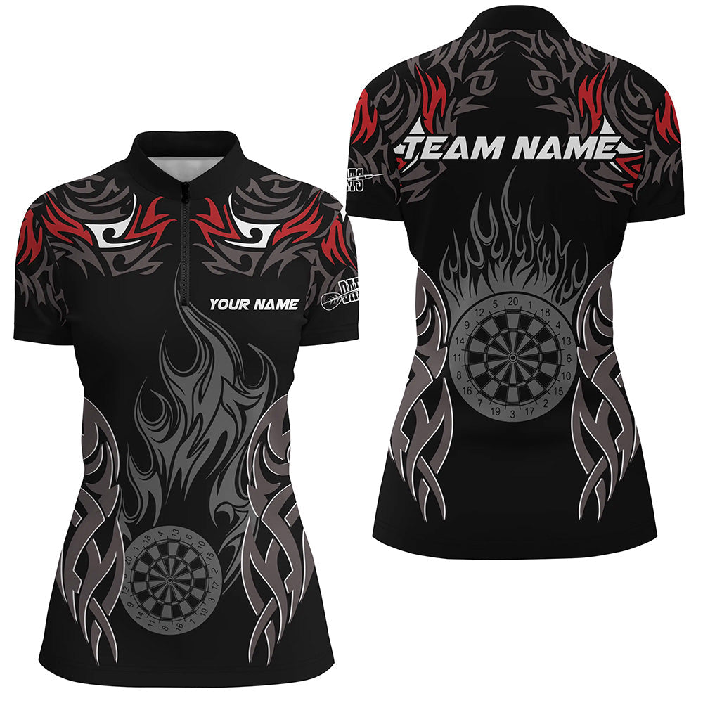 Individuelles Darts Turnier Rot Damen Quarter Zip Shirt, Dartboard Feuerflamme Dart Trikot TDM2104