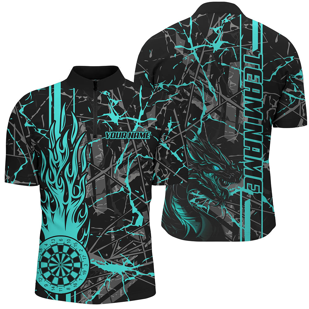 Individuelles Türkises Grunge Fire Flame Dart Board Herren Shirt mit Viertelreißverschluss, Drachen Dart Trikot TDM2603