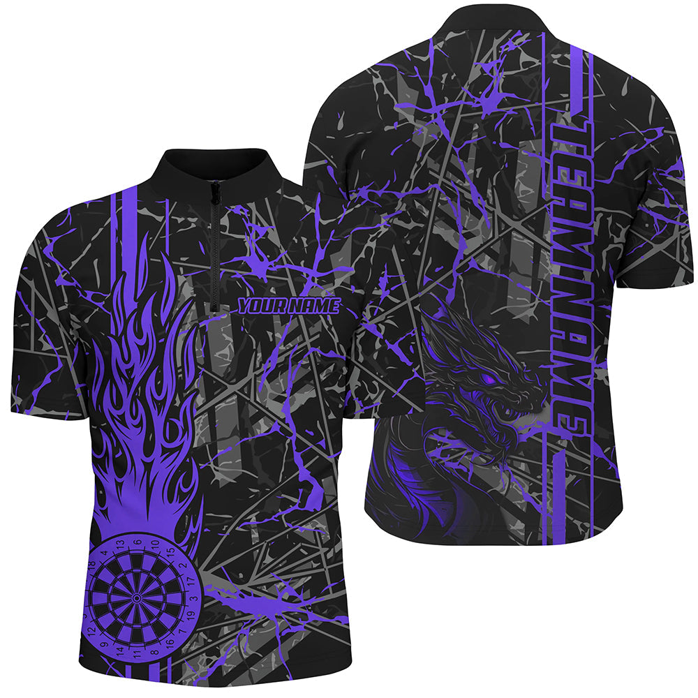 Individuelles Lila Grunge Fire Flame Dart Board Herren Shirt mit Viertelreißverschluss, Drachen Dart Trikot TDM2605