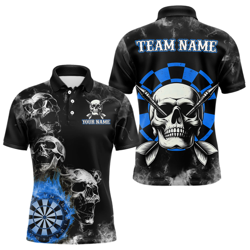 Individuelles blaues Rauch-Schädel-Dart-Poloshirt für Herren, Feuer-Flammen-Dartbrett-Trikot TDM3654