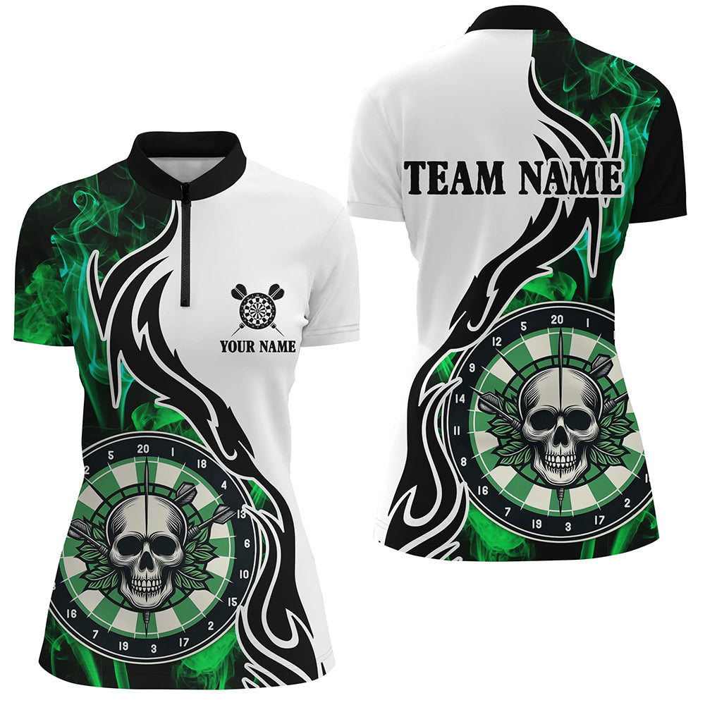 Individuelles grünes Dartboard Smoke Dart Quarter Zip Shirt für Damen, Skull Dart Teamtrikot TDM1703