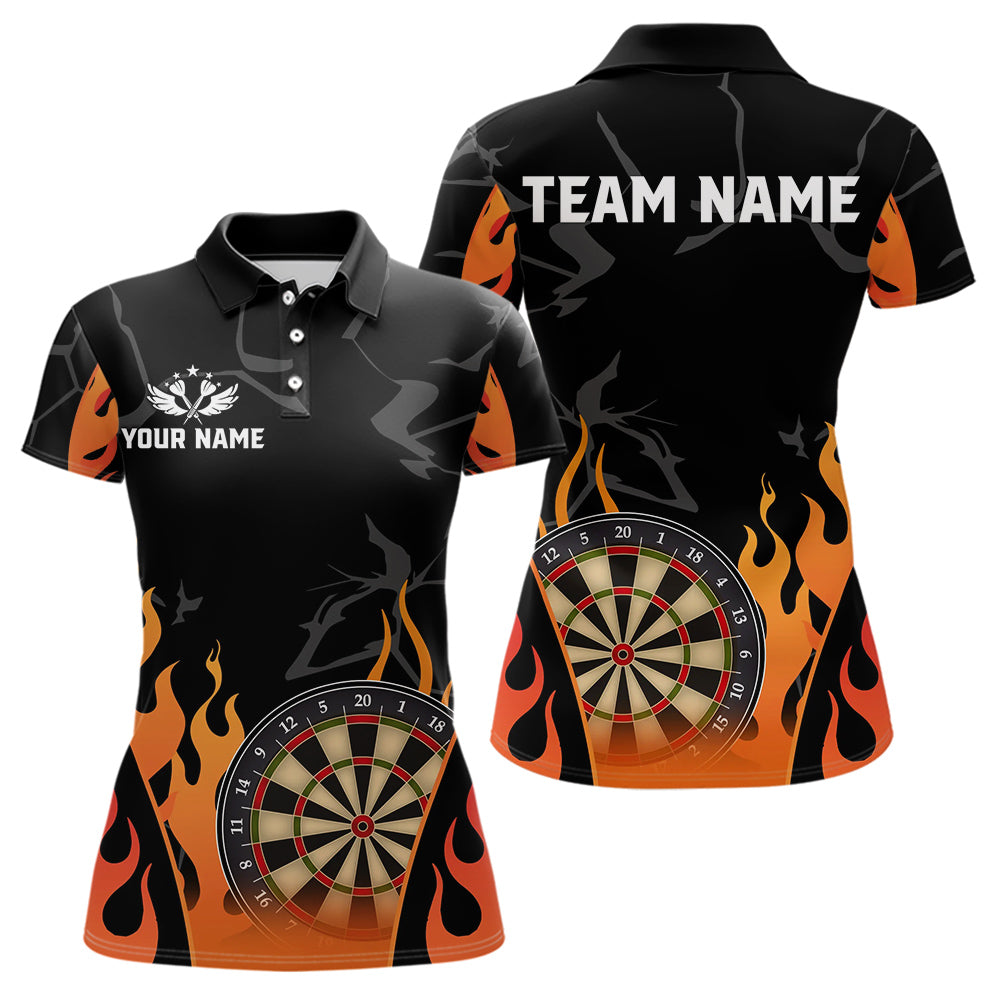 Individuelles Schwarz-Orange Flammen-Dart-Poloshirt für Damen – Dart Trikot TDM3806