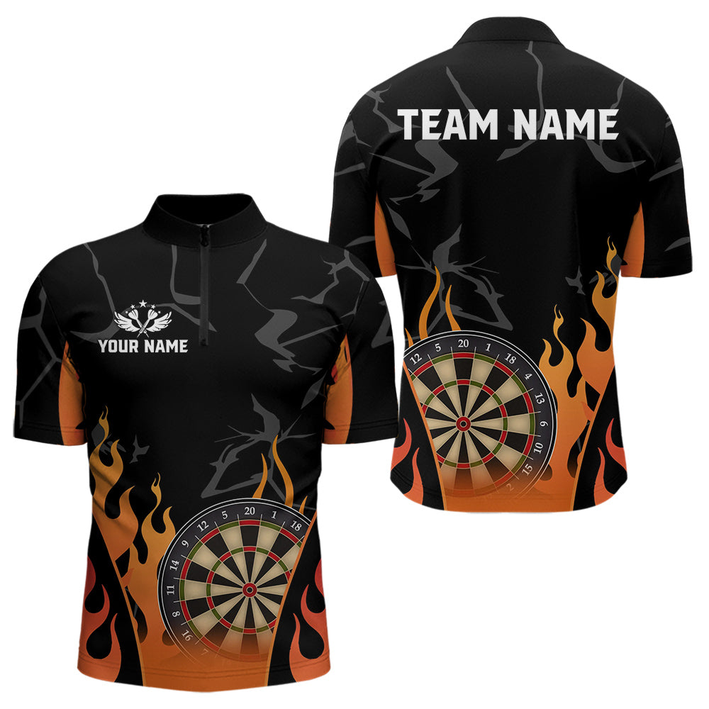 Individuelles Schwarz und Orange Flamme Dart Viertelreißverschluss Herren Shirt – Dart Trikot TDM3806