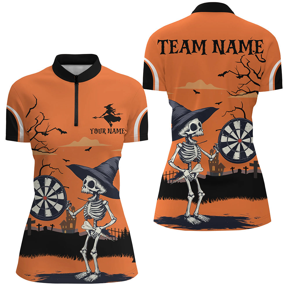 Individuelles Lustiges Skelett Orange Halloween Damen Quarter Zip Shirt, Darts Team Trikot Geschenke TDM2636