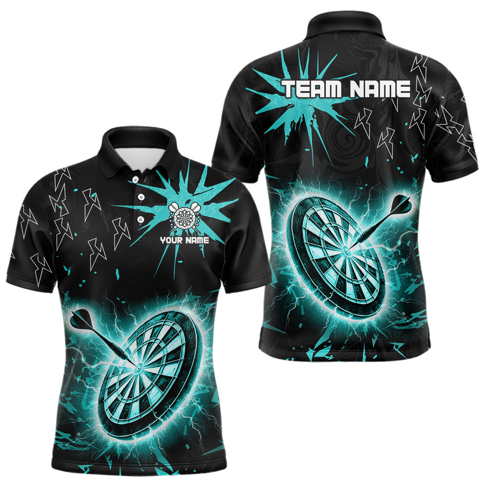 Individuelles schwarz-türkisfarbenes Dartbrett-Donner-Blitz-Dart-Poloshirt für Herren, Darttrikot TDM3667