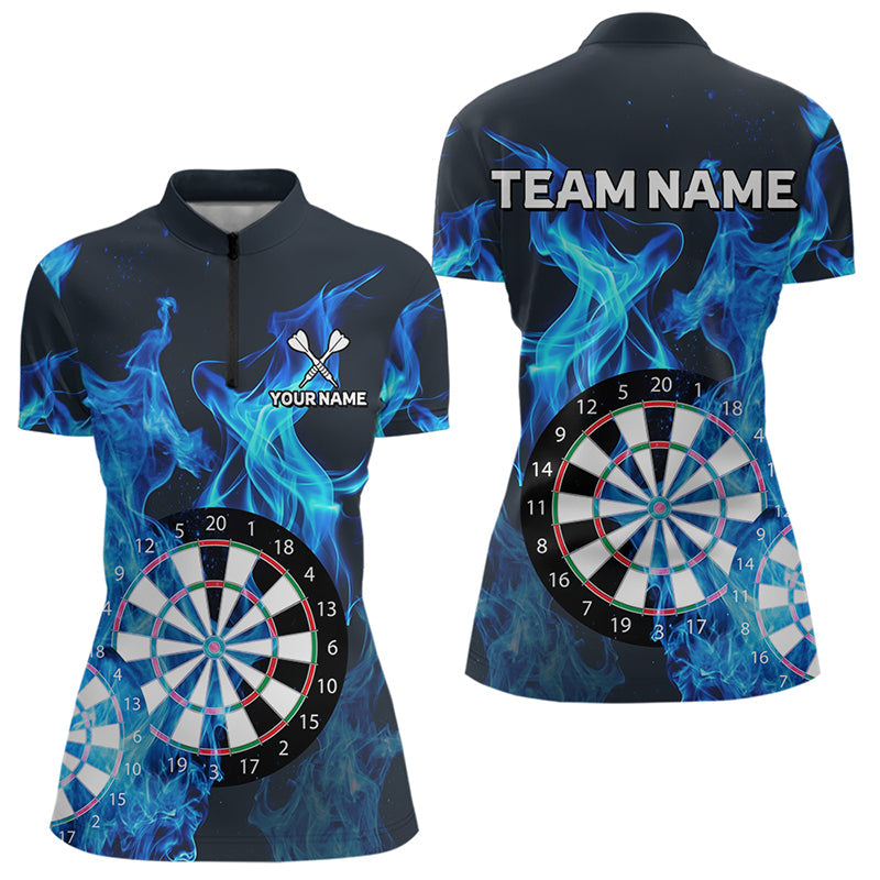 Individuelles Blau Flammendes Dartbrett Dart Damen Quarter Zip Shirt – Team Dart Trikots TDM3821