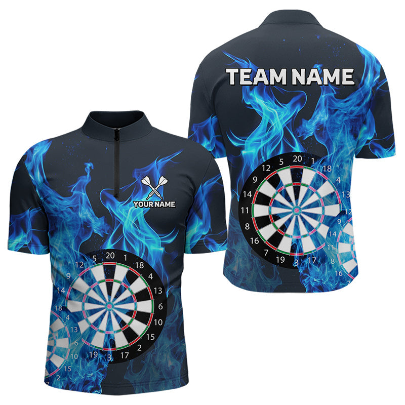 Individuelles Blau Flammendes Dartboard Dart Viertelreißverschluss Herren Shirt – Team Dart Trikots TDM3821