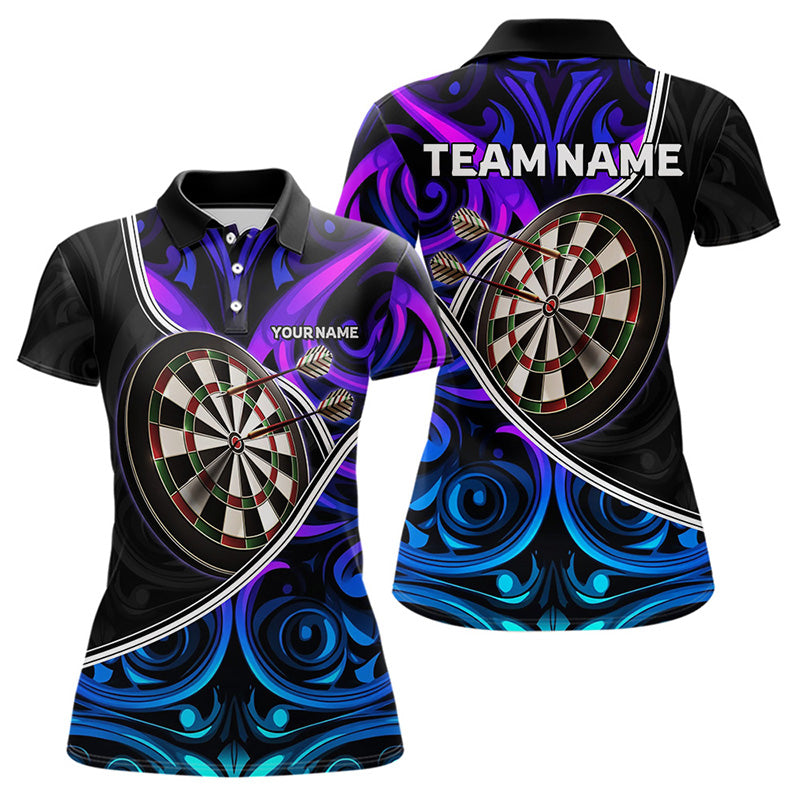 Individuelles Neon-Lila-Blau Tribal Dart-Poloshirt für Damen – Team Dart Trikots TDM3823