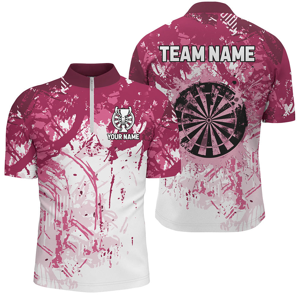 Individuelles Pink Grunge Klassisches Dart Herren Shirt mit Viertelreißverschluss, Team Name Dart Trikot Kurzarm TDM2658