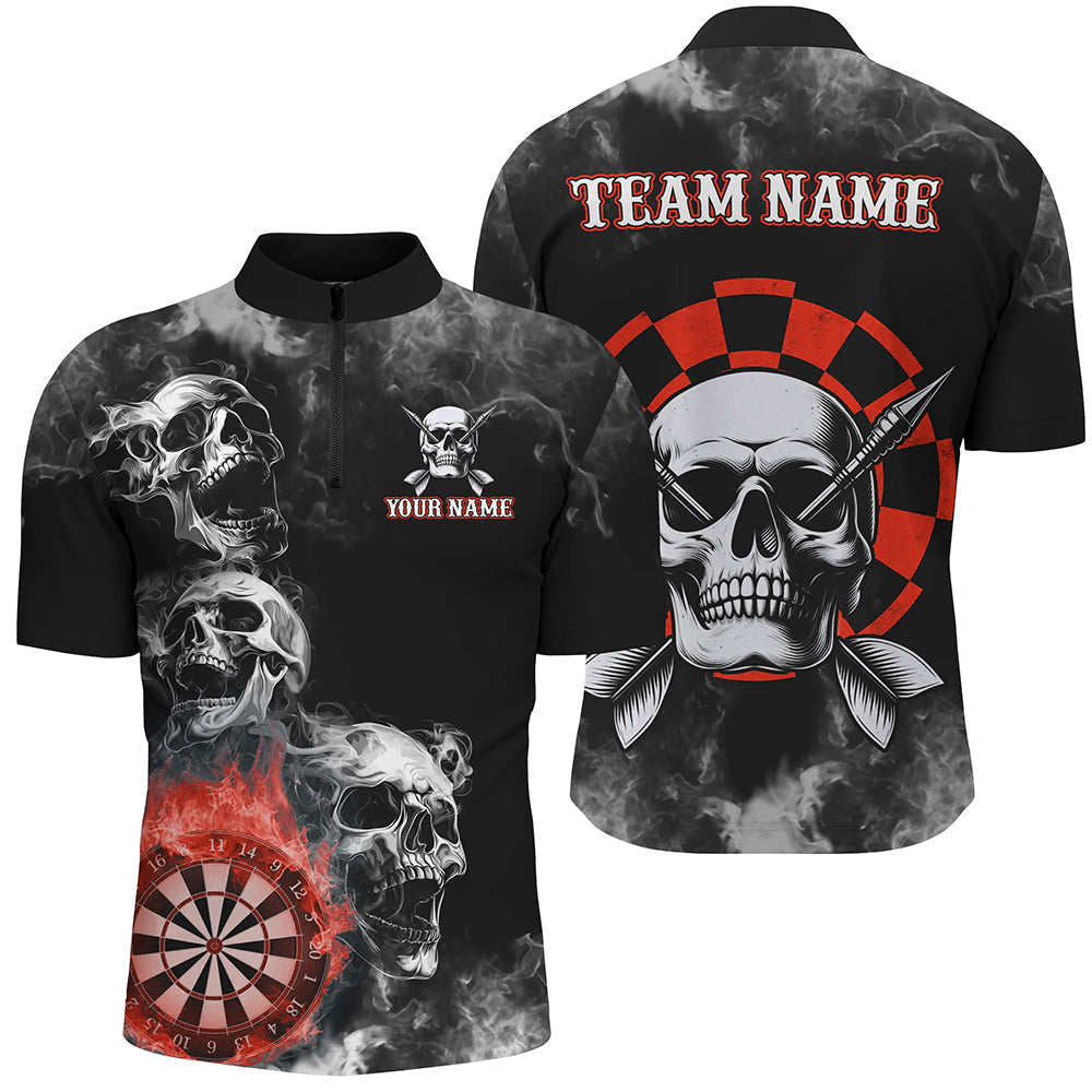 Individuelles Rotes Darts Smoke Skull Herren Shirt mit Viertelreißverschluss, Feuerflamme Dart Team Trikot TDM3134