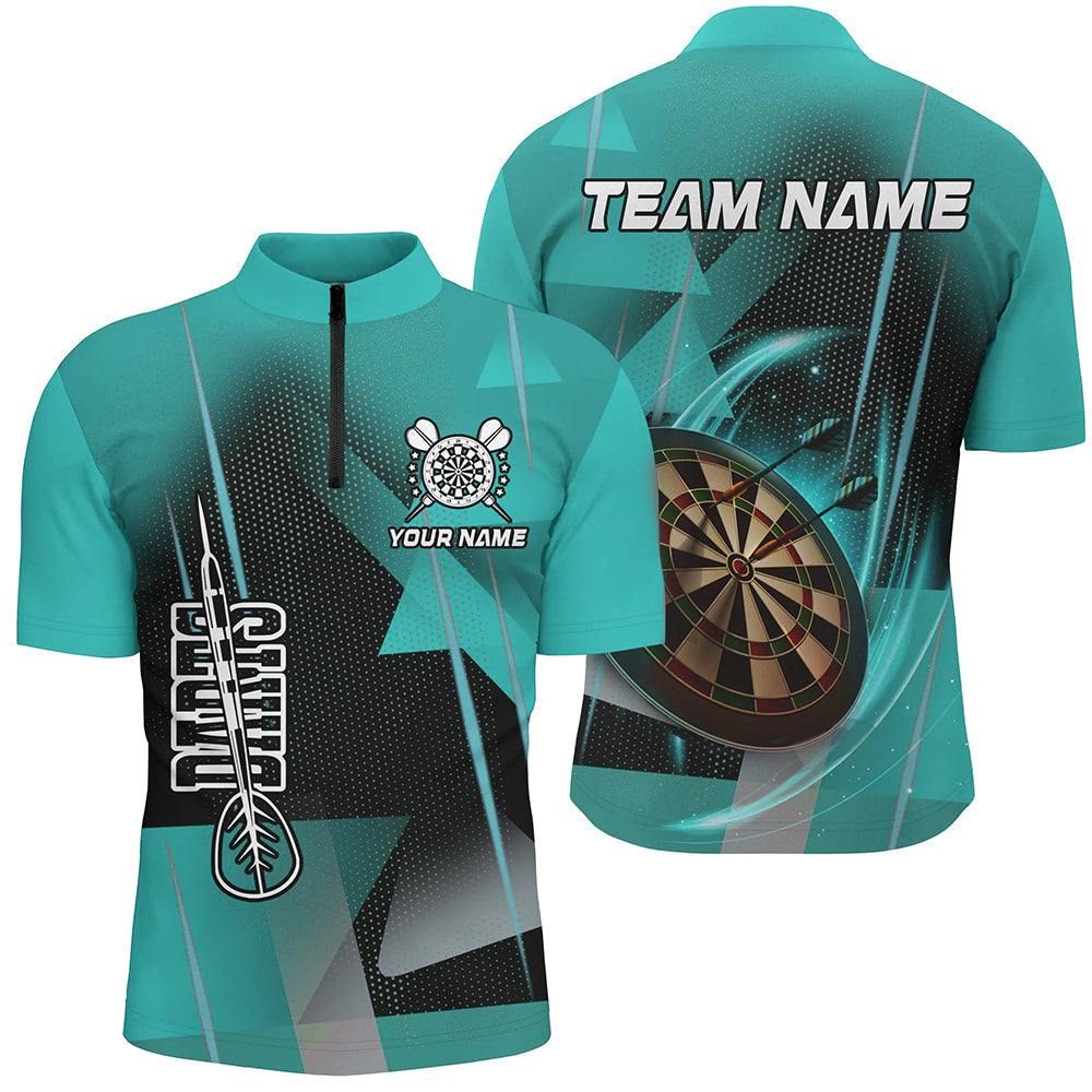 Personalisierte Darts Polo & Viertelreißverschluss 3D Gedruckte Shirts Für Herren Türkis Darts Teamtrikot TDM1959