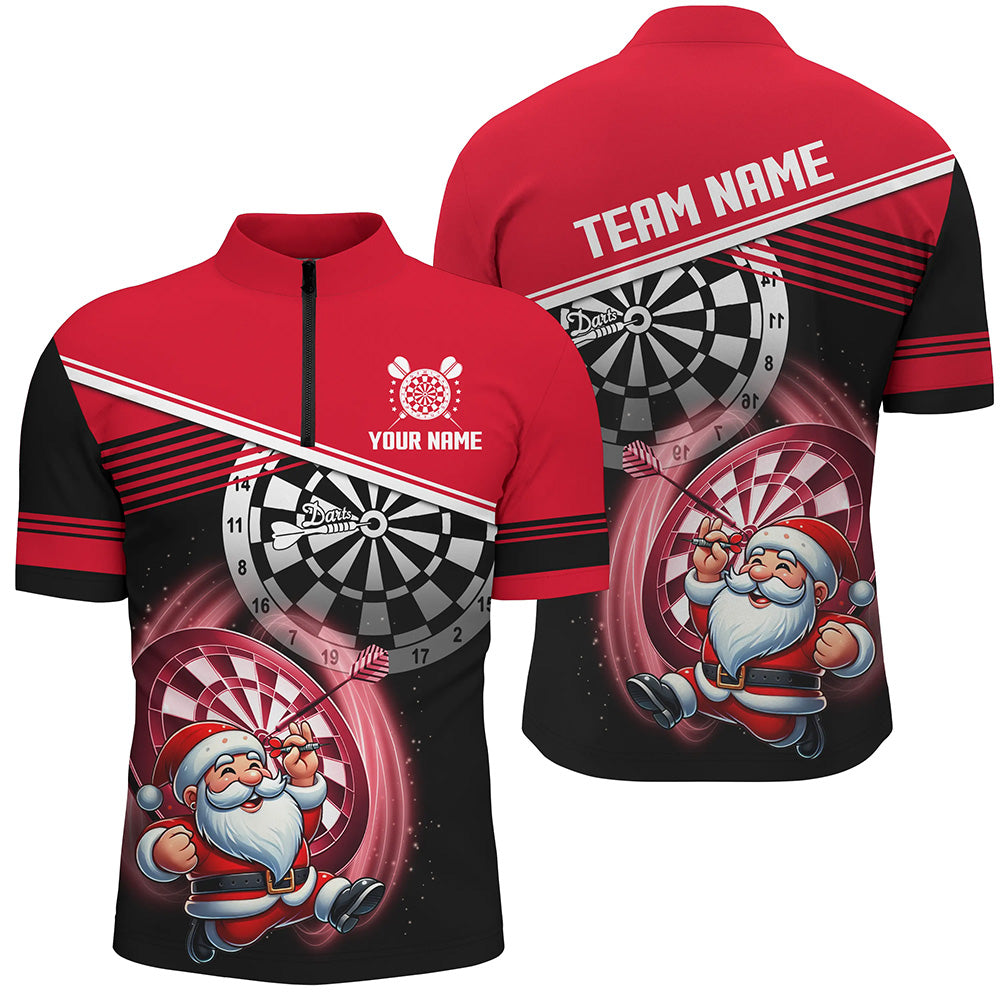 Individuelles Rot Schwarzes Weihnachts Dart Herren Shirt mit Viertelreißverschluss, Lustiger Santa Dart Trikot Geschenk TDM2917