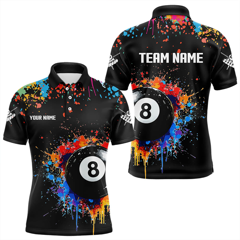 Lustiges 8-Ball-Pool buntes Farbspritzer individuelles Poloshirt für Herren, Billard-Teamtrikot |Schwarz TDM3377