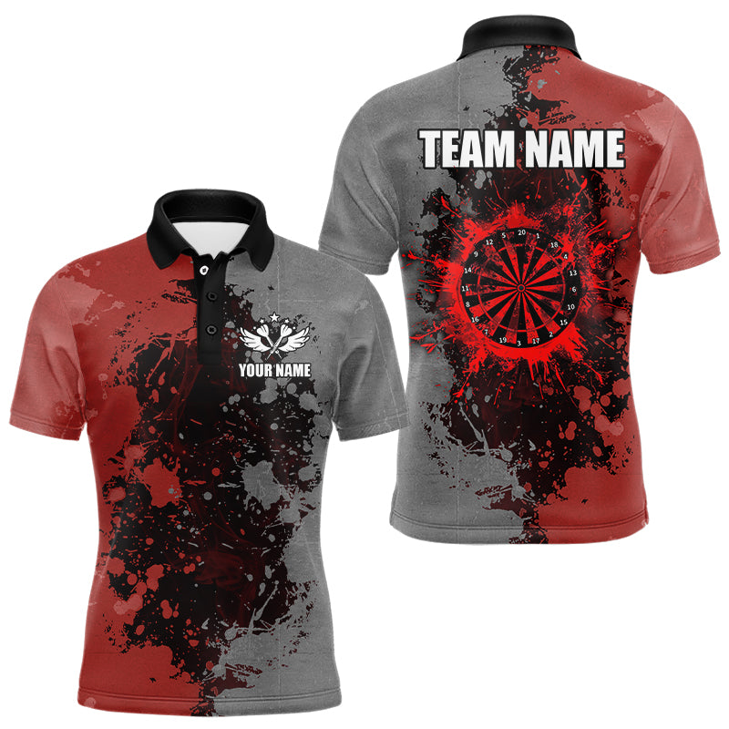 Individuelles Dart-Farbspritzer-Poloshirt in Rot und Grau für Herren, Grunge-Dart-Teamtrikot TDM3178