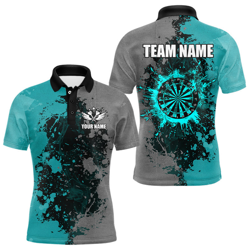 Individuelles Dart-Farbspritzer-Poloshirt in Türkis und Grau für Herren, Grunge-Dart-Teamtrikot TDM3179