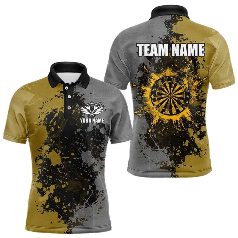 Individuelles Dart-Farbspritzer-Poloshirt in Gelb und Grau für Herren, Darttrikot TDM3397